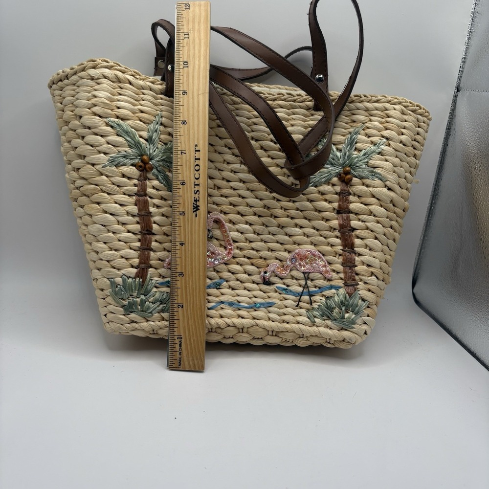 Vintage Capelli Straw Wicker Flamingo Palm Tree Beach Shoulder Bag Purse - Picture 13 of 14